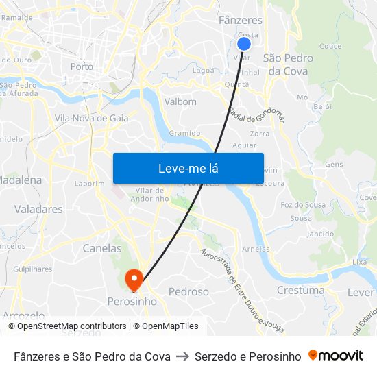 Fânzeres e São Pedro da Cova to Serzedo e Perosinho map