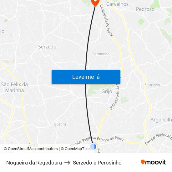 Nogueira da Regedoura to Serzedo e Perosinho map