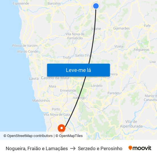 Nogueira, Fraião e Lamaçães to Serzedo e Perosinho map