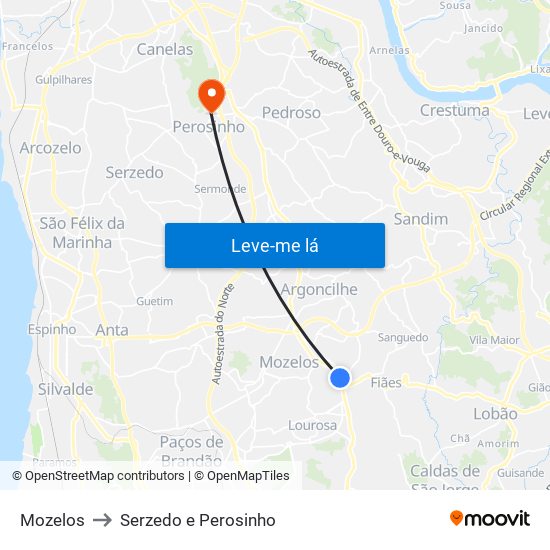 Mozelos to Serzedo e Perosinho map