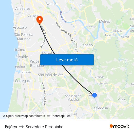 Fajões to Serzedo e Perosinho map