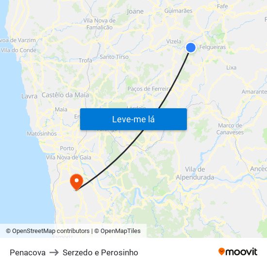 Penacova to Serzedo e Perosinho map