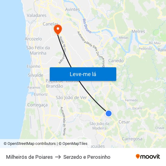 Milheirós de Poiares to Serzedo e Perosinho map