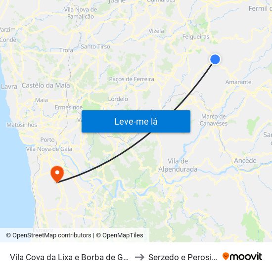 Vila Cova da Lixa e Borba de Godim to Serzedo e Perosinho map