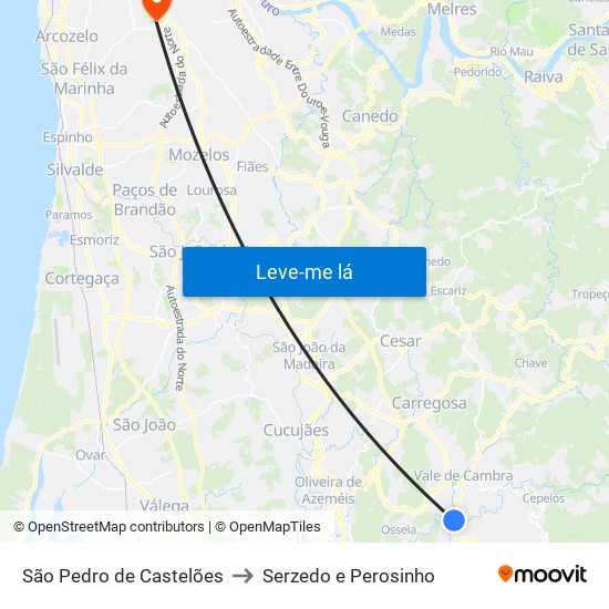 São Pedro de Castelões to Serzedo e Perosinho map