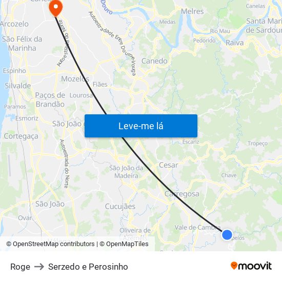 Roge to Serzedo e Perosinho map