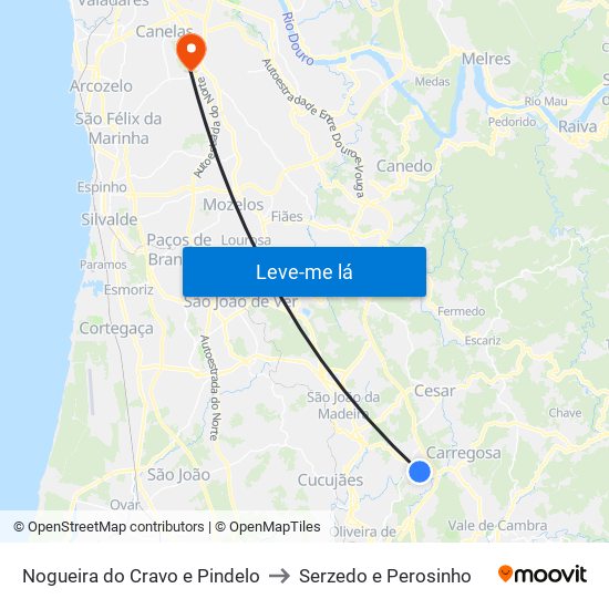 Nogueira do Cravo e Pindelo to Serzedo e Perosinho map