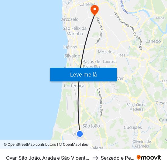 Ovar, São João, Arada e São Vicente de Pereira Jusã to Serzedo e Perosinho map