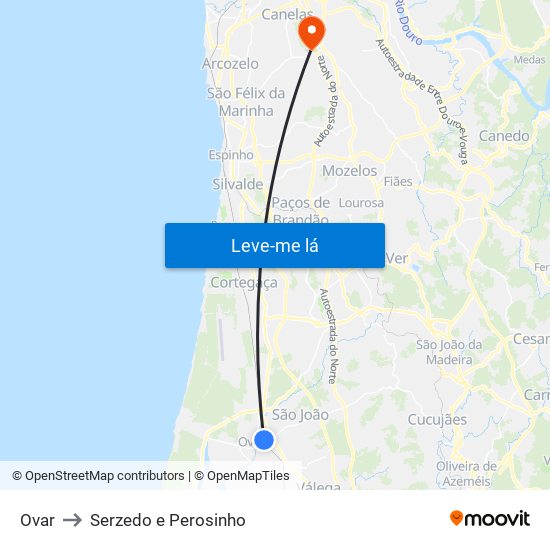 Ovar to Serzedo e Perosinho map