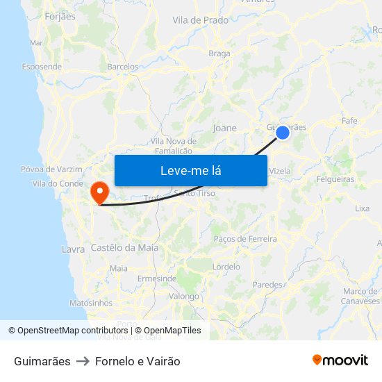 Guimarães to Fornelo e Vairão map