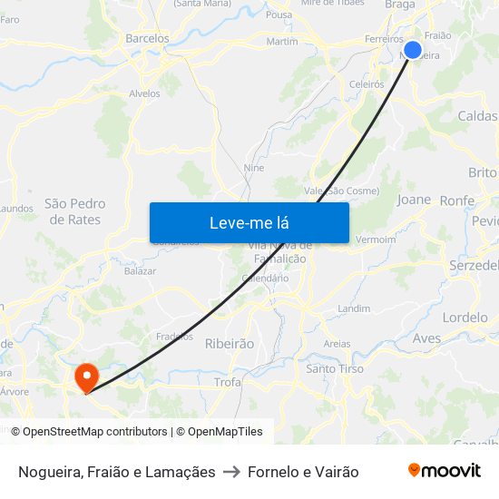 Nogueira, Fraião e Lamaçães to Fornelo e Vairão map