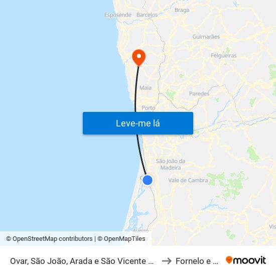 Ovar, São João, Arada e São Vicente de Pereira Jusã to Fornelo e Vairão map