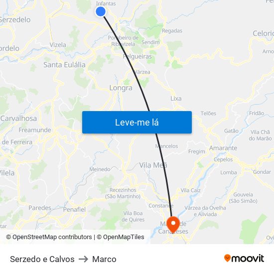 Serzedo e Calvos to Marco map