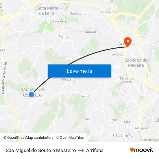 São Miguel do Souto e Mosteirô to Arrifana map