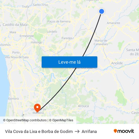 Vila Cova da Lixa e Borba de Godim to Arrifana map