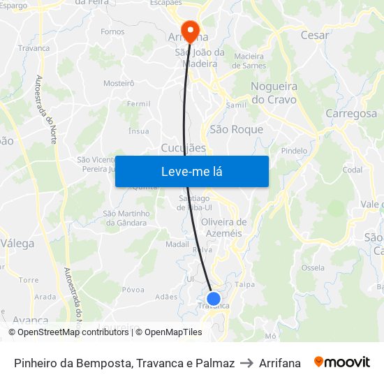 Pinheiro da Bemposta, Travanca e Palmaz to Arrifana map