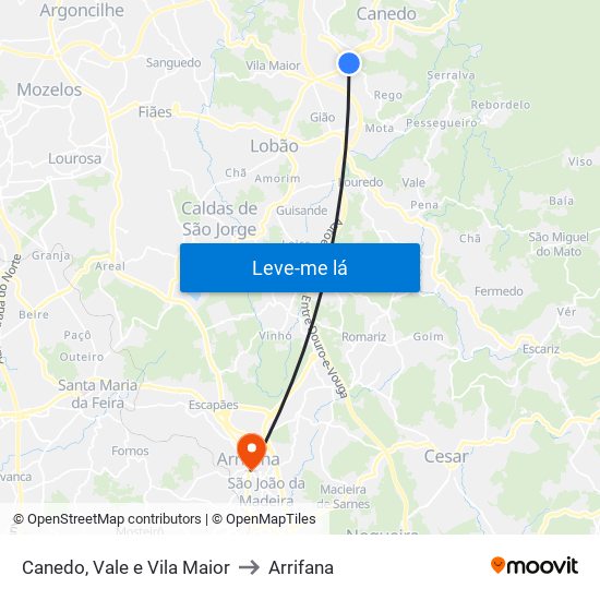 Canedo, Vale e Vila Maior to Arrifana map