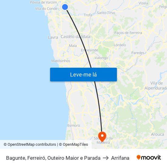 Bagunte, Ferreiró, Outeiro Maior e Parada to Arrifana map