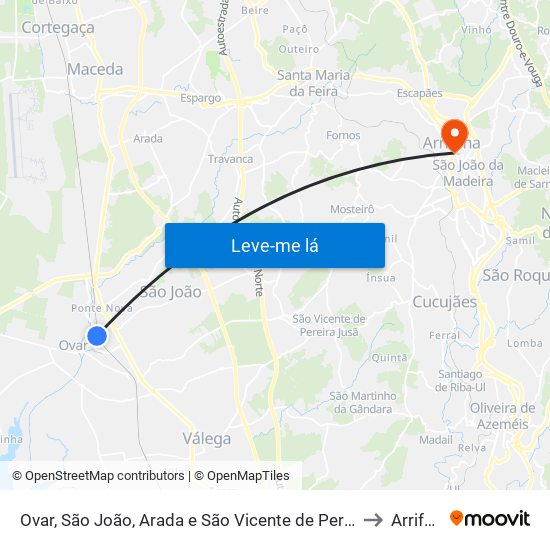 Ovar, São João, Arada e São Vicente de Pereira Jusã to Arrifana map