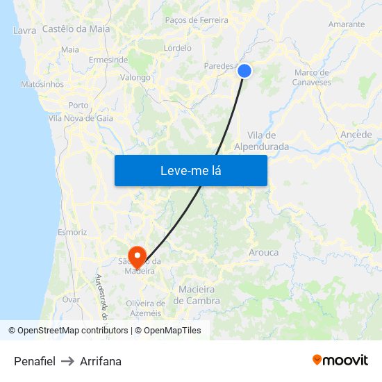 Penafiel to Arrifana map