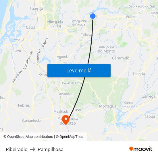 Ribeiradio to Pampilhosa map