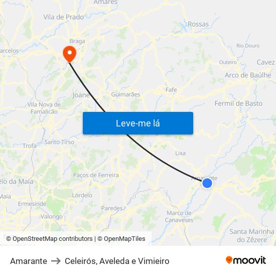 Amarante to Celeirós, Aveleda e Vimieiro map