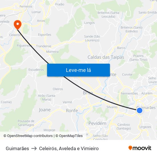 Guimarães to Celeirós, Aveleda e Vimieiro map