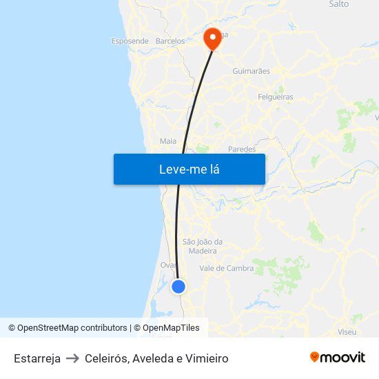 Estarreja to Celeirós, Aveleda e Vimieiro map