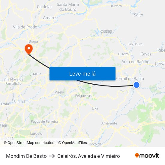 Mondim De Basto to Celeirós, Aveleda e Vimieiro map