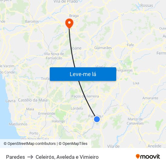 Paredes to Celeirós, Aveleda e Vimieiro map