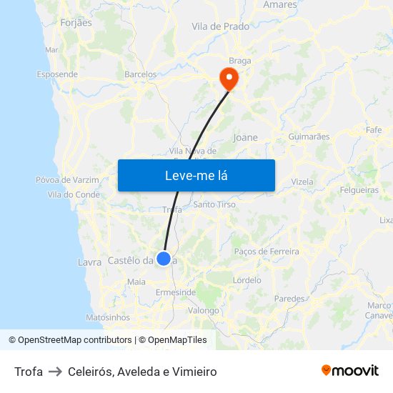 Trofa to Celeirós, Aveleda e Vimieiro map