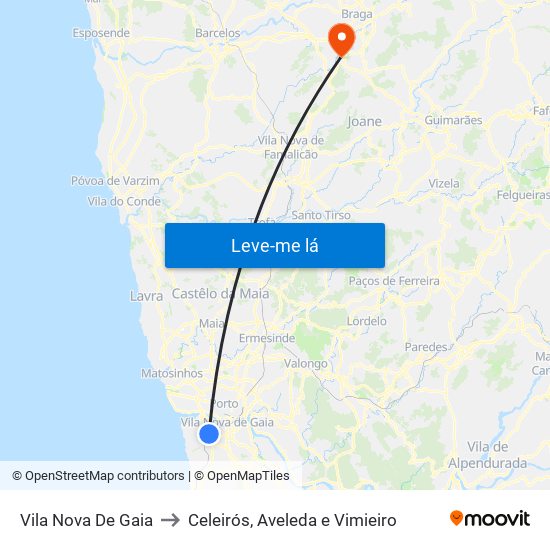 Vila Nova De Gaia to Celeirós, Aveleda e Vimieiro map