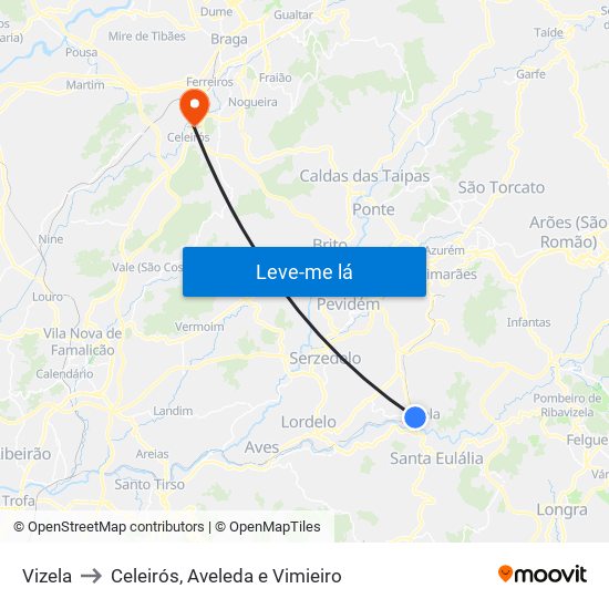 Vizela to Celeirós, Aveleda e Vimieiro map