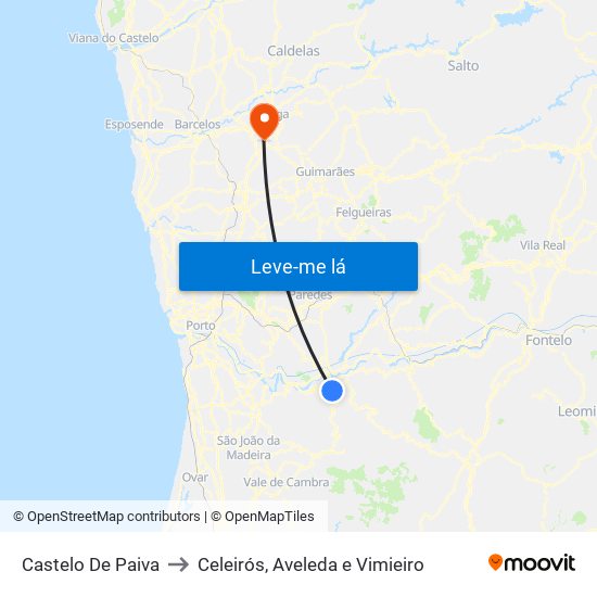 Castelo De Paiva to Celeirós, Aveleda e Vimieiro map