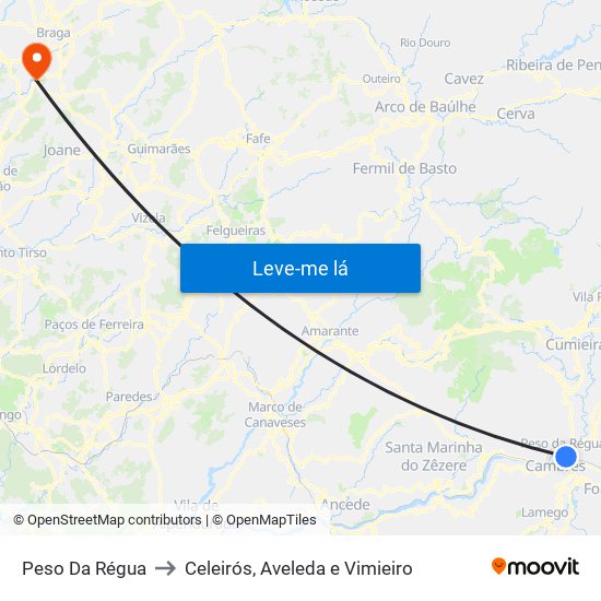 Peso Da Régua to Celeirós, Aveleda e Vimieiro map