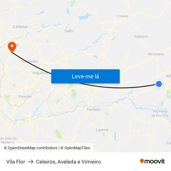 Vila Flor to Celeirós, Aveleda e Vimieiro map