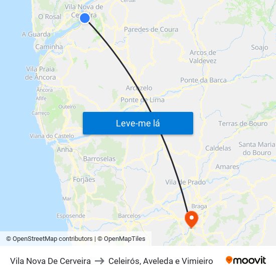 Vila Nova De Cerveira to Celeirós, Aveleda e Vimieiro map