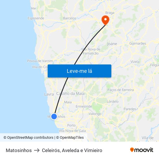 Matosinhos to Celeirós, Aveleda e Vimieiro map