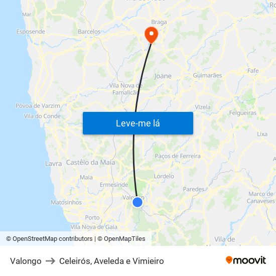 Valongo to Celeirós, Aveleda e Vimieiro map