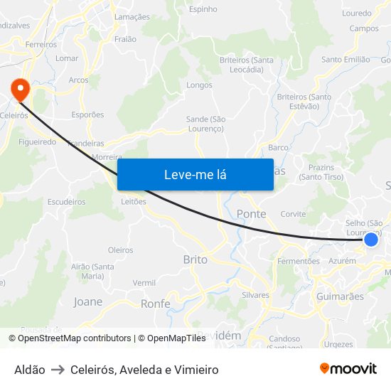 Aldão to Celeirós, Aveleda e Vimieiro map