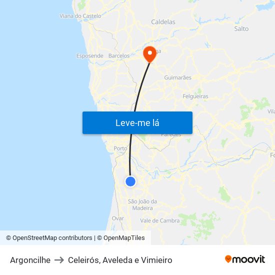 Argoncilhe to Celeirós, Aveleda e Vimieiro map