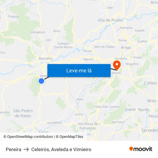 Pereira to Celeirós, Aveleda e Vimieiro map