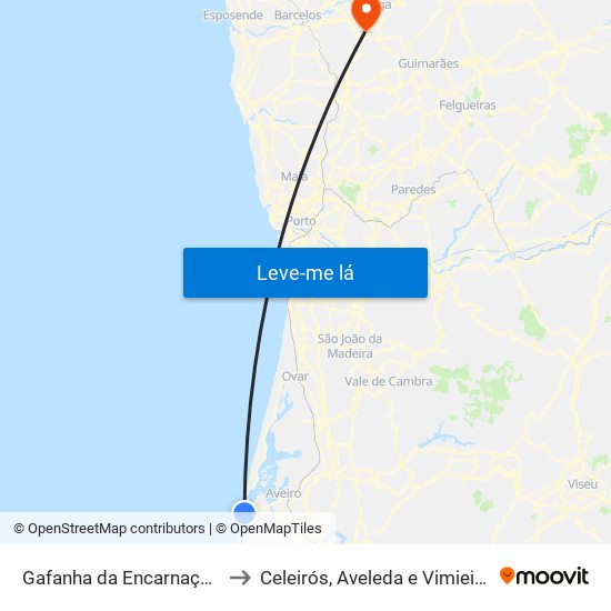 Gafanha da Encarnação to Celeirós, Aveleda e Vimieiro map