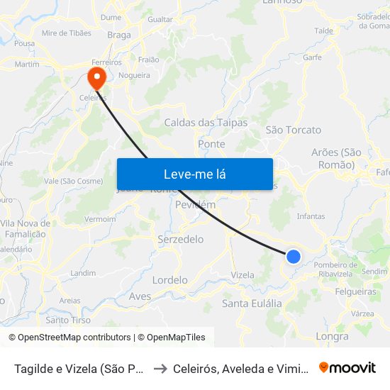 Tagilde e Vizela (São Paio) to Celeirós, Aveleda e Vimieiro map