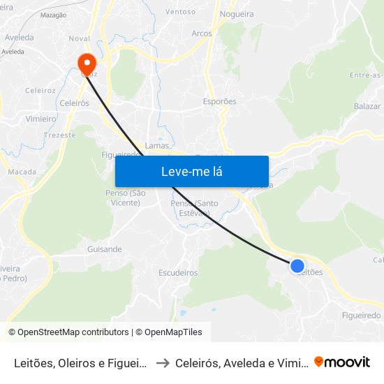 Leitões, Oleiros e Figueiredo to Celeirós, Aveleda e Vimieiro map