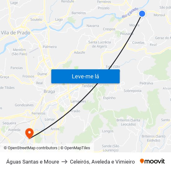 Águas Santas e Moure to Celeirós, Aveleda e Vimieiro map