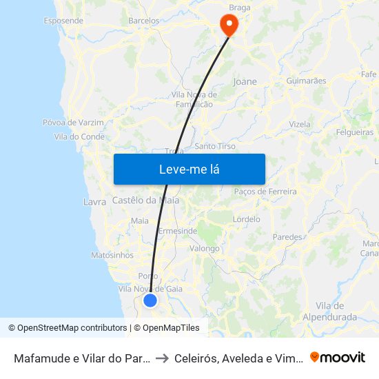 Mafamude e Vilar do Paraíso to Celeirós, Aveleda e Vimieiro map