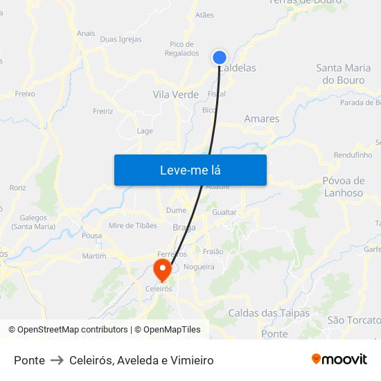 Ponte to Celeirós, Aveleda e Vimieiro map