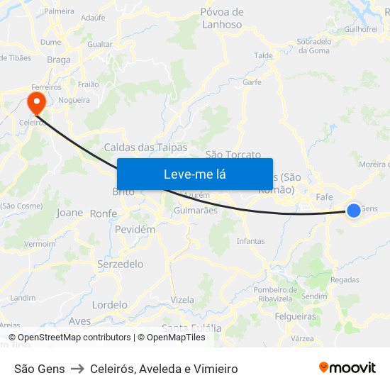 São Gens to Celeirós, Aveleda e Vimieiro map