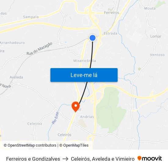 Ferreiros e Gondizalves to Celeirós, Aveleda e Vimieiro map